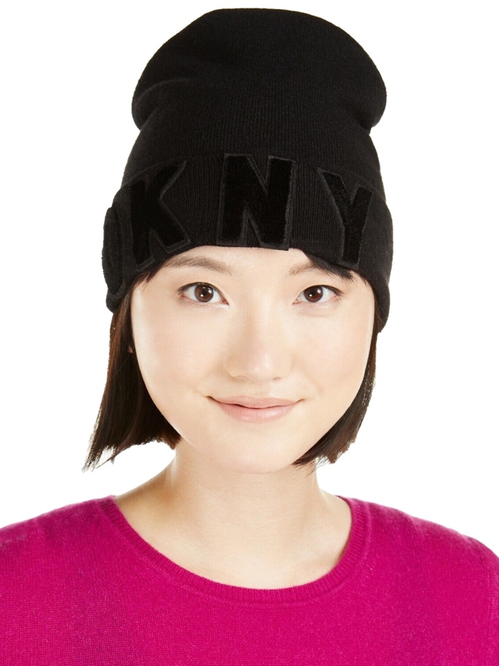 COPY -(NWT) DKNY Women's Velvet Flocked LOGO Flat Knit Skull Beanie Cap OSFM